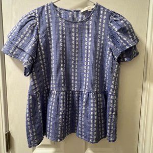LOFT Women's Blue and White Pattern Peplum Top, Size XS, NWOT